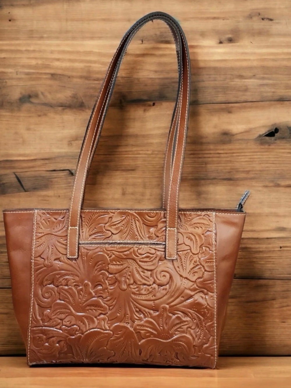 Patricia Nash Varsi Shoulder Tote Bag in British Tan Floral Tooled Leather